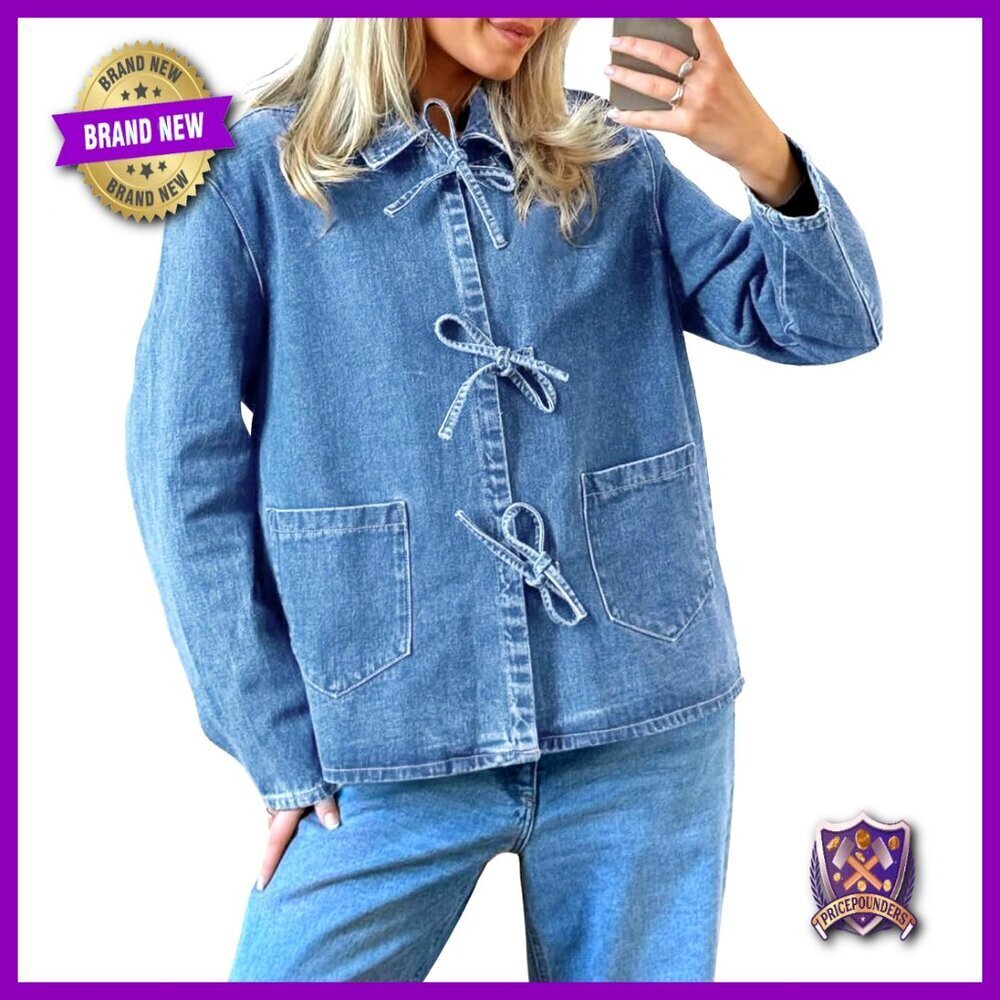 Denim Shacket Tie Front Long Sleeve Oversized Y2K Chic Casual Top with Pockets